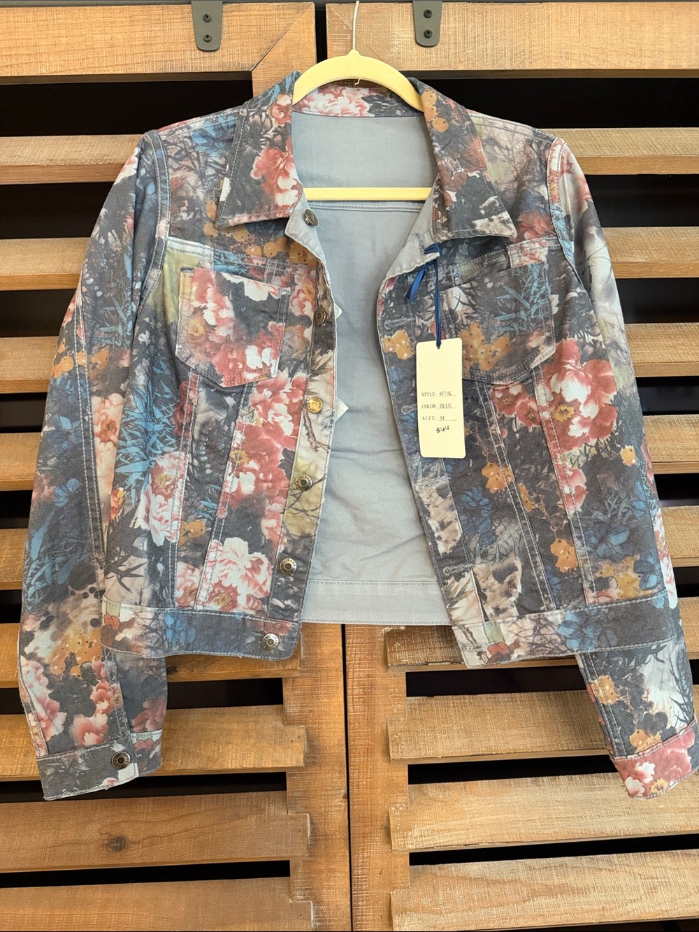 Tempo Paris Floral Denim Jacket and Jeans Set - Blue, Pink, Tan - Picture 3 of 10